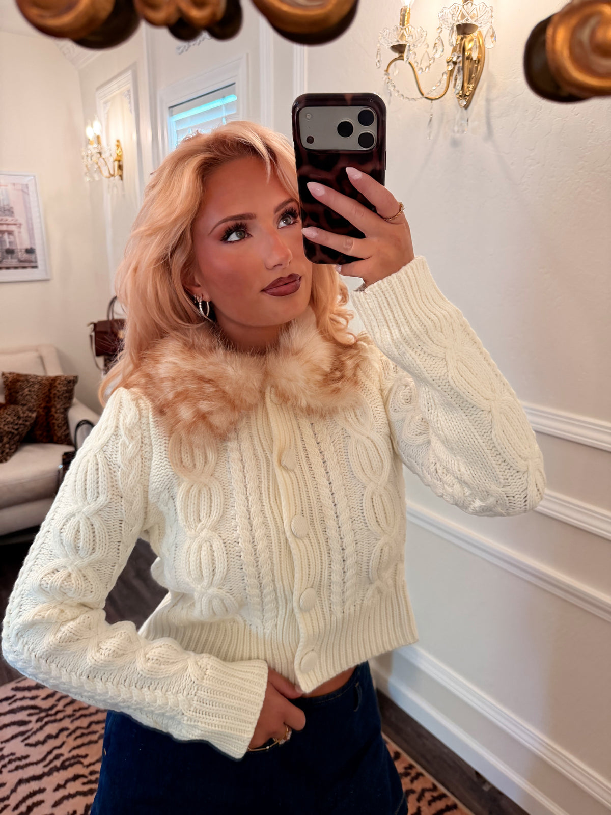 The Chalet Fur Collar Cardigan — Heirloom Cream