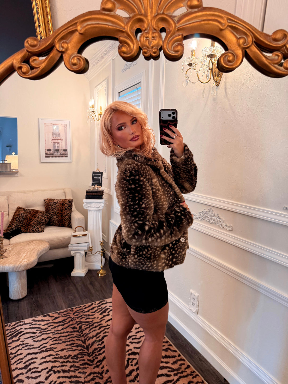 Bambi Faux Fur Jacket — Spotted Chocolate.