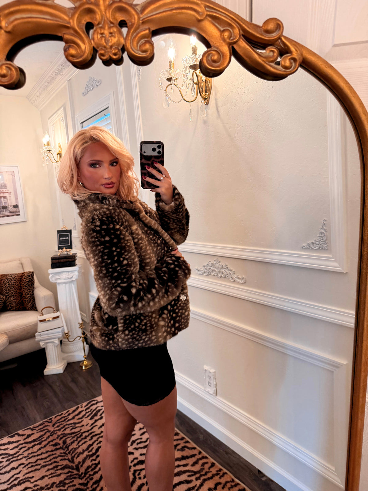 Bambi Faux Fur Jacket — Spotted Chocolate.