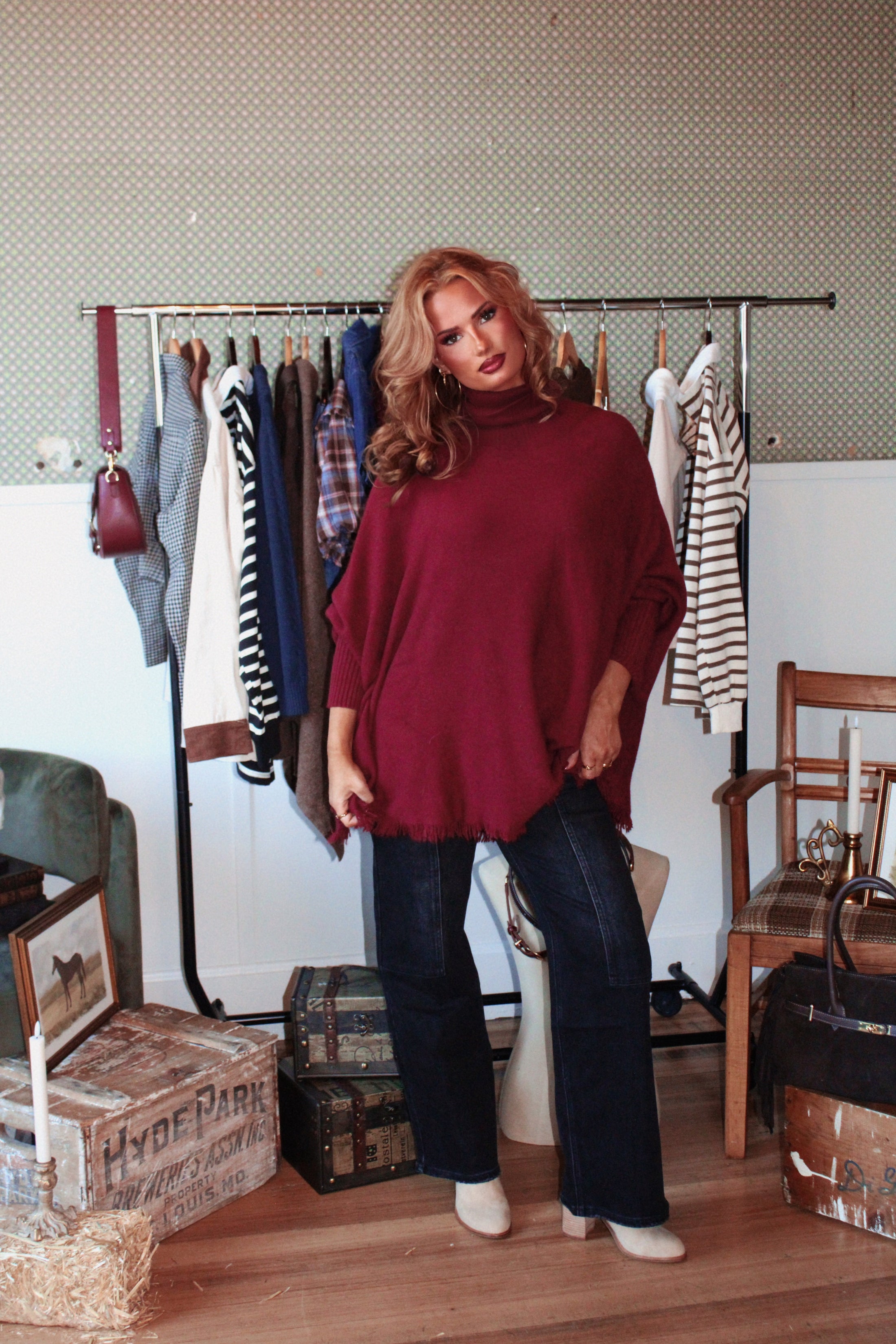 The Valmont Fringe Poncho - Bordeaux