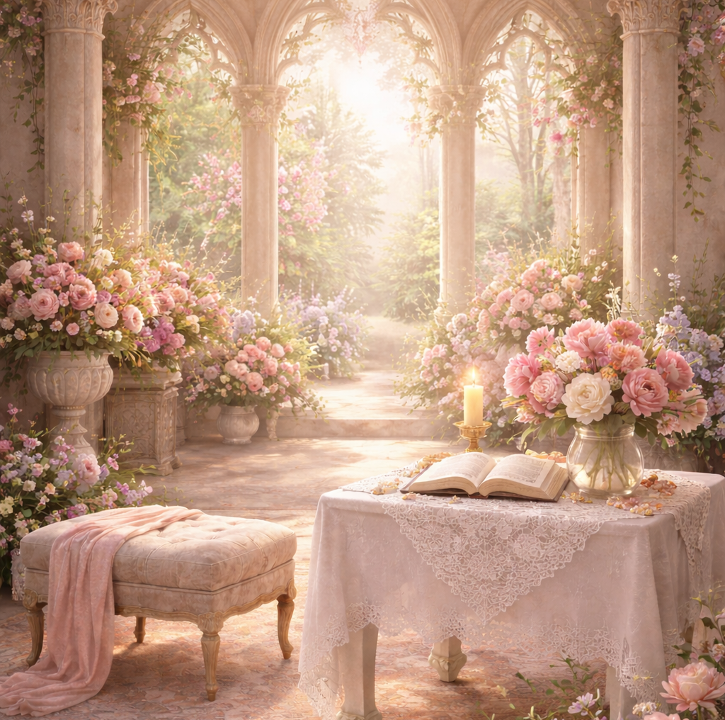 Gothic-style room with floral decorations and a table set for a romantic meal.