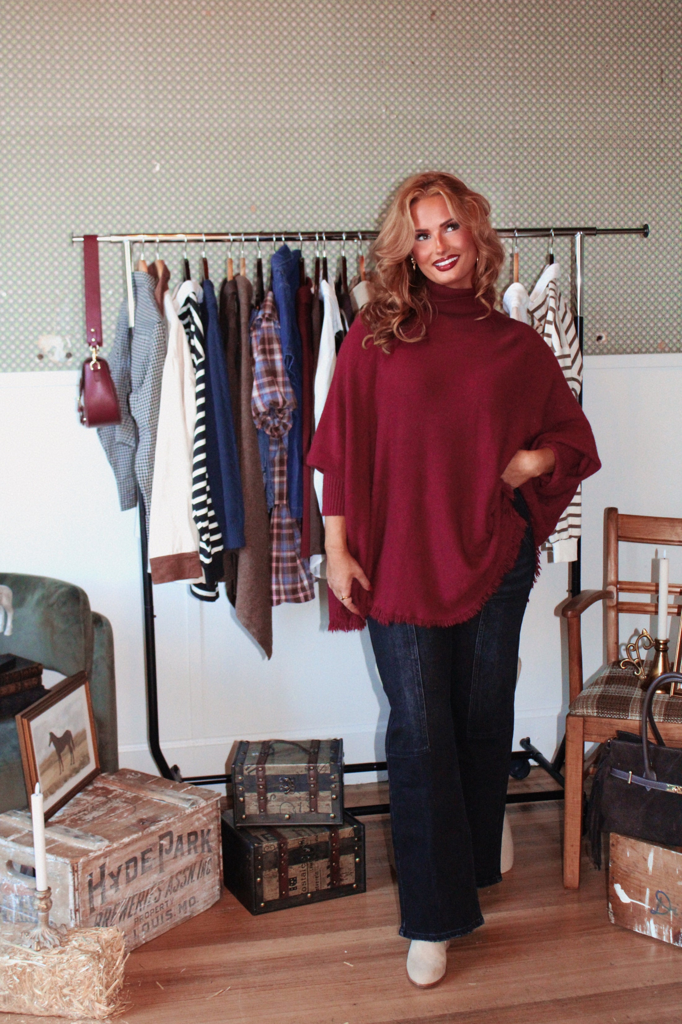 The Valmont Fringe Poncho - Bordeaux