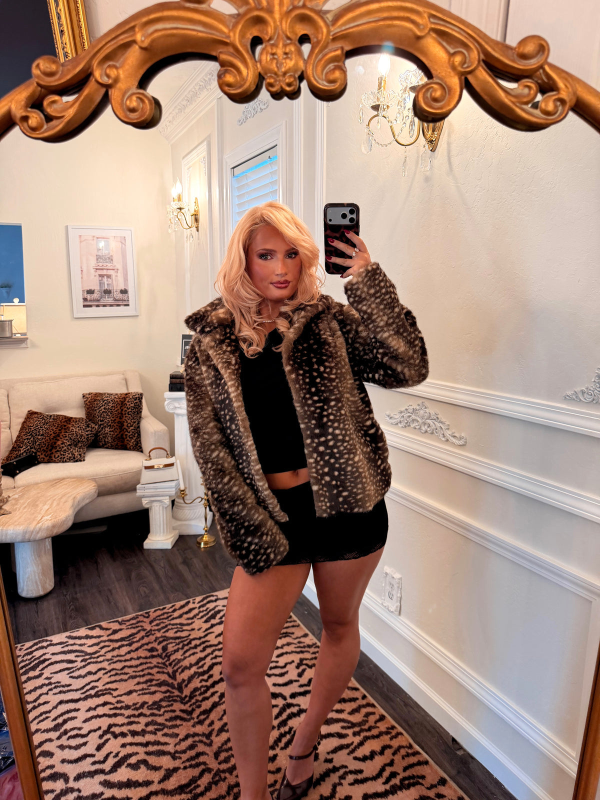 Bambi Faux Fur Jacket — Spotted Chocolate.