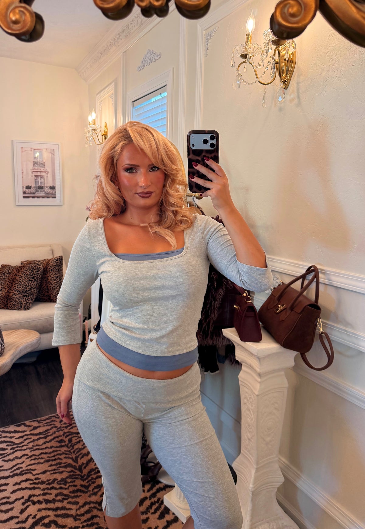 Gigi Contrast Knit Top — Heather Grey