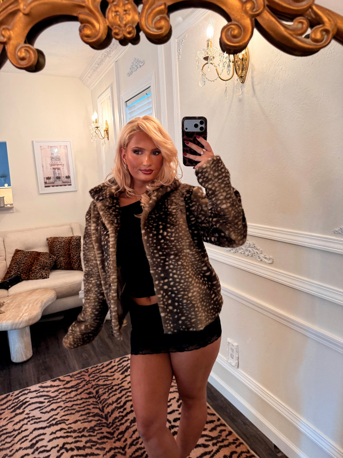 Bambi Faux Fur Jacket — Spotted Chocolate.