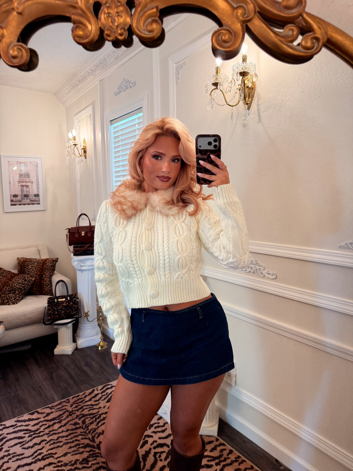 The Chalet Fur Collar Cardigan — Heirloom Cream