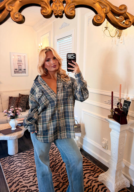 Frankie Oversized Plaid Shirt — Denim Blue