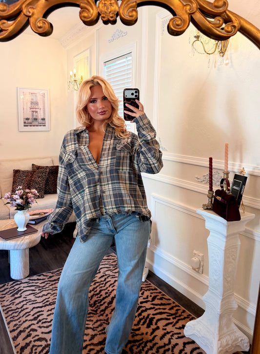 Frankie Oversized Plaid Shirt — Denim Blue